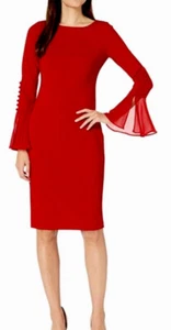 CALVIN KLEIN CHIFFON BELL SLEEVE SHEATH DRESS, RED, SIZE 14 NWT - Picture 1 of 10