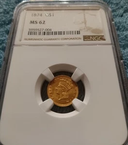 Dólar de oro tipo 3 1874, NGC MS-62 - brillo sin circular y tono naranja-oro - Imagen 1 de 4