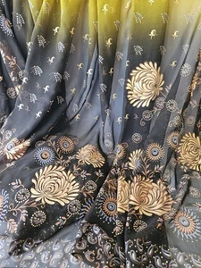 Silk Chiffon Fabric Brown & Olive Ombre W Gold Accents Double Border 45"×5yds  - Picture 1 of 8