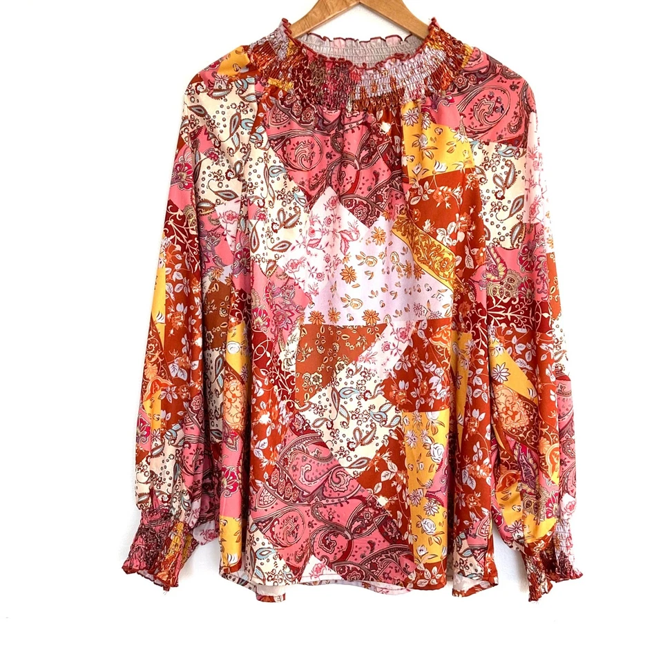 SHEIN CURVE Plus Shirt Women's 2XL Patchwork Paisley Boho Mock Neck Smocked Top - Image 1 of 4