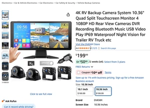 DVKNM 4K RV Backup Camera System 10.36" Quad Split Touchscreen Monitor 4 1080P - Picture 1 of 10