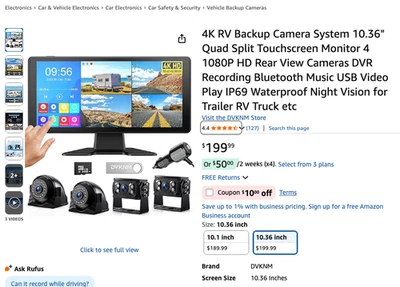 DVKNM 4K RV Backup Camera System 10.36" Quad Split Touchscreen Monitor 4 1080P - Image 1 of 4