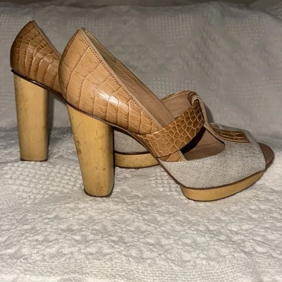 Tory Burch Georgina-Tacones Gruesos Madera Plataforma Lino Tela, Talla 9 Foto 1 de 4