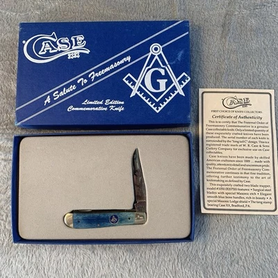 Estojo maçônico XX faca de bolso uma saudação à maçonaria cabo azul caçador com certificado de autenticidade - Imagem 1 de 4