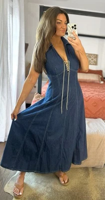 Y2K Moda International Denim Chambray Lace Up Maxi Halter Dress - Image 1 of 4