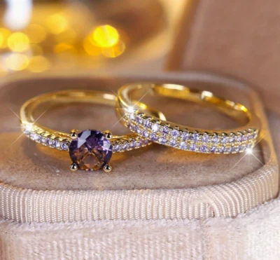 Conjunto de anillos de piedras preciosas moradas joyería de moda NUEVO envío gratuito TALLA 9 Foto 1 de 4