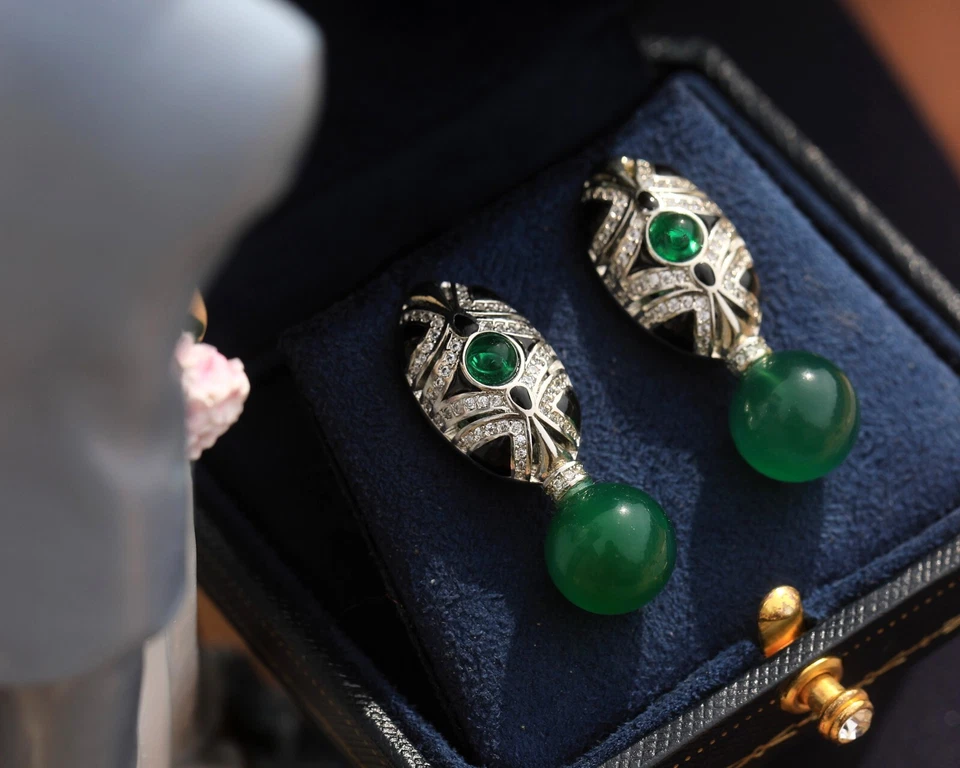 Ohrringe Clip On Kunst Neu Silber Schlange Cz Perle Achat Grün EH6 - Bild 1 von 4