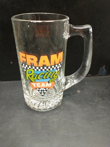 Vintage FRAM Racing Team  GLASS MUG 5.5" NASCAR NHRA Drag Racing handle Cover