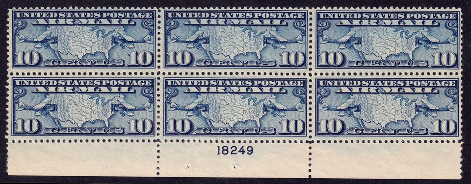 US Scott C7 (P# block of 6) 1926 Map of US and Two Planes, 10c, NH MINT - Image 1 of 1