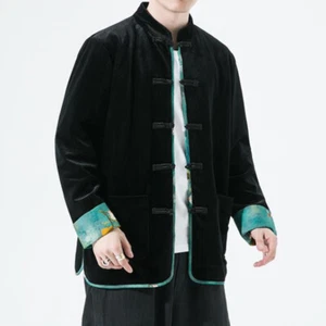 Mens Splice Velvet Loose Shirt Jacket Frog Button Top Coat Casual Ethnic Vintage - Picture 1 of 9