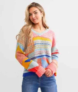 Willow & Root Pullover Sweater Mixed Yarn Long Sleeve V-Neck Colorful Cuffs - Picture 1 of 11