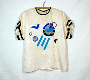 Vtg 70s Silk Shirt S M Woven Tshirt Black Ringer Kandinsky Unique Rare Disco - Picture 1 of 12
