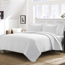 Textured Reversible Cotton Quilt Set Striped Reverse Side White Full/Queen