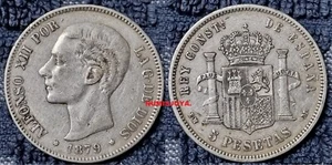 FECHA ESCASA 5 pesetas PLATA de Alfonso XIII año 1879. Peso 24,92 gr. KM. 676. - Foto 1 di 1