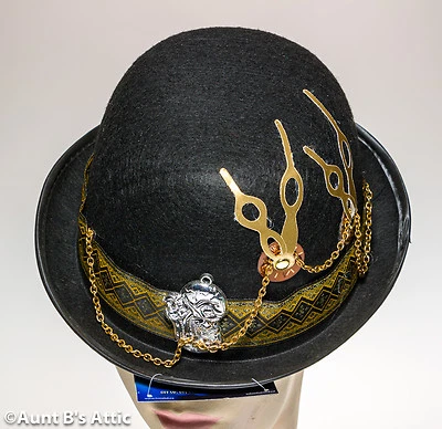 Steampunk Bowler Hat Black Felt With Gold Ribbon Trim and Assorted Ornaments - Image 1 of 3
