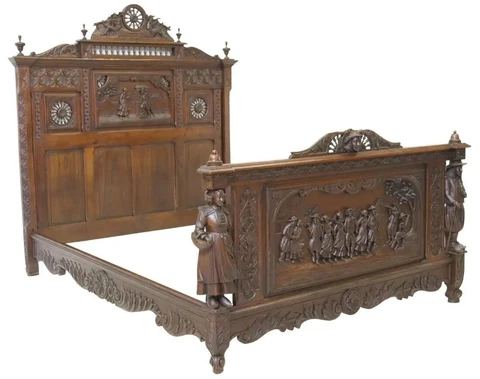 Antique Bed, French Breton, Figural & Foliate, Carved Oak, Spindled,  E. 1900s!! Cover