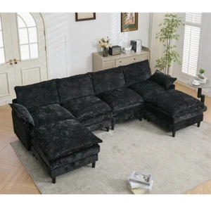 Modern U Shaped Modular Sofa 6-Seater Comfy Cloud Couch w/2 Armrest Pillow,Black - Picture 1 of 18