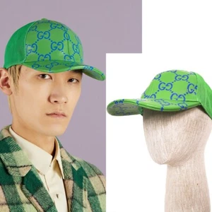 M NEW $600 GUCCI Green Perforated Leather GG LOGO Monogram Unisex BASEBALL HAT - Picture 1 of 19
