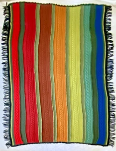 handmade NEW Striped Cable Knitted Throw, wool, pieced, fringed border, 52"x64" - Picture 1 of 9
