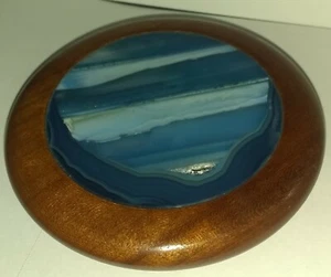 Vintage Blue Agate Slice Wood Trinket Box - Picture 1 of 9
