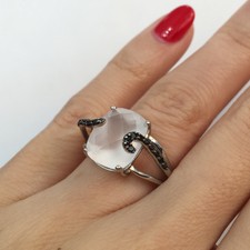 5.12 Ct Cushion Shaped Chalcedony and Black Diamond Right Hand Ring in 14k Gold