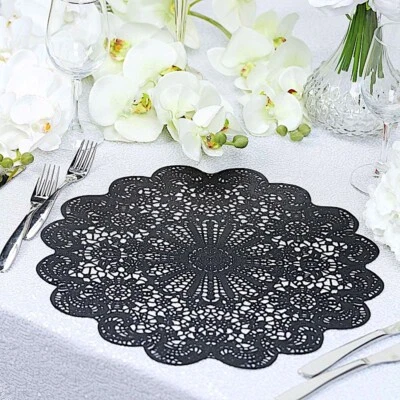 6 BLACK 15" wide Flower Lace Doily Round Vinyl Placemats Wedding Decorations - Image 1 of 4
