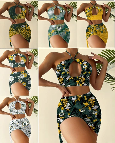 Green Bay Packers 2pcs Halter Neck Bikini Set Slim Cutout Swimsuit Sexy Bodycon Cover