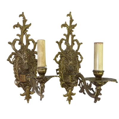 Vintage Brass Wall Sconces Electric Made in Spain Victorian Rococo Candle Pair - Image 1 of 4