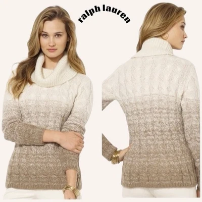 Ralph Lauren Cable Knit Cowl Neck Sweater Women's Medium Ombre Beige Cream - Image 1 of 4
