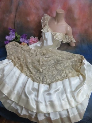 Vestido Antiguo c1930 Bordado Red Encaje Zapatilla Satén Gota Cintura Art Deco Foto 1 de 4