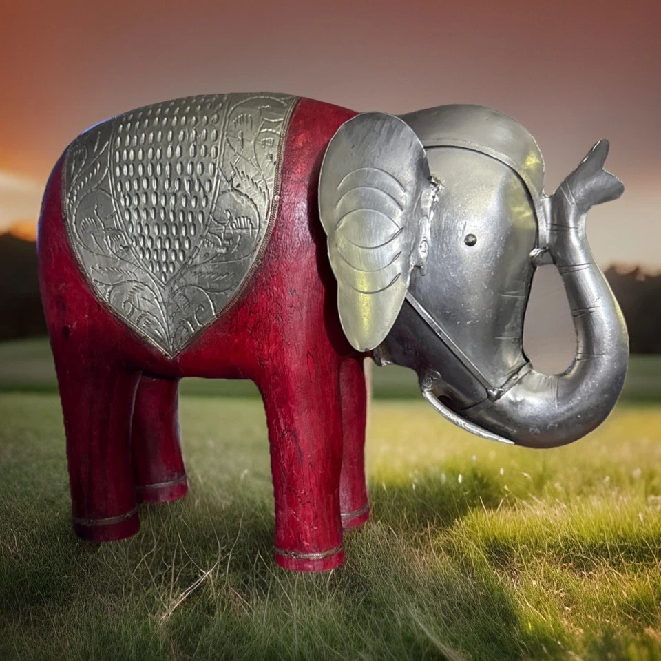 Vintage Red Wood Elephant - Large Decorative Statue - Metal Accents - Image 1 of 4