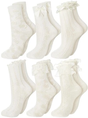 6 pares de calcetines con volantes para mujer calcetines tobilleros de encaje con volantes crema lolita princesa lazo... Foto 1 de 4