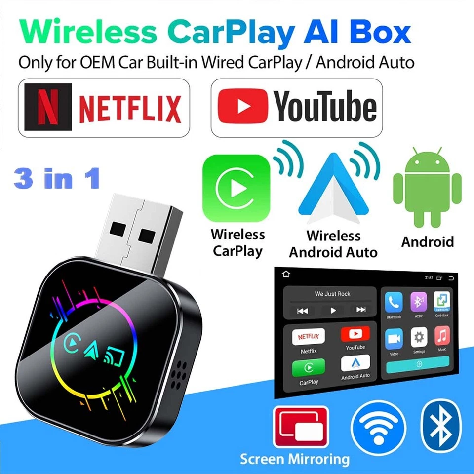 3in1 MiniUSB CarPlay Wireless Adapter for iPhone iOS 10+/Android 11+ MirrorLink - Bild 1 von 4