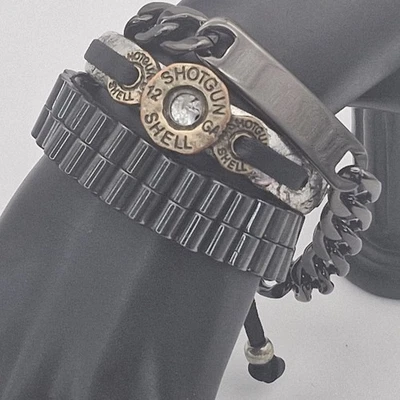 Lote 3 pulseiras de identificação de metal bronze couro mancha a óleo casca de espingarda Gunmetal 8" - Imagem 1 de 4