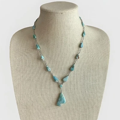 "Collar cabujones Larimar azul natural alambre tono plata artesanal hecho a mano 20""" Foto 1 de 4