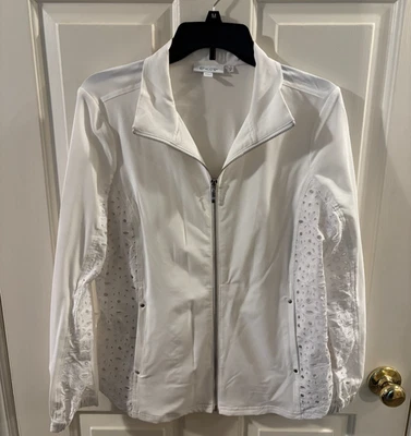 Chico's Women's White Full -Zip Bomber Jacket with Eyelet Detailing ~ Medium (1) - Image 1 of 4