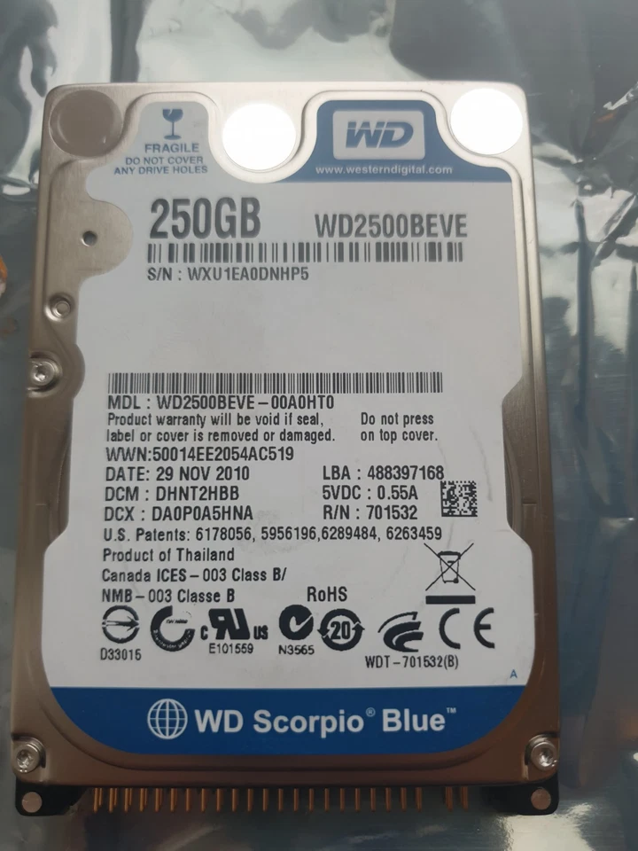 Western Digital 250GB WD2500BEVE-00A0HT0 2.5" IDE HARD DRIVE WD - DCM: DHNT2HBB - Image 1 of 1