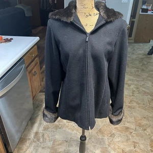 Braetan Black 100% Wool Faux Fur Trimmed Hooded Zip Front Women’s Waiste Length  - Picture 1 of 10