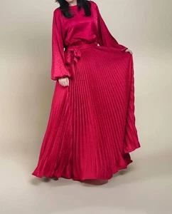Flying Tomato Pleated Bottom With Batwing Long Sleeve Maxi Dress Red - Picture 1 of 13