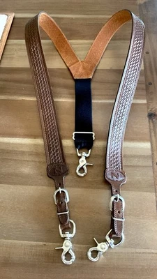 NOCONA Gallus Tooled Leather Suspenders Western Basketweave Brown Mens Medium - Image 1 of 4