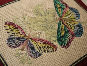 17" Burgandy Tiny Petit Point Colorful Butterflies Needlepoint Pillow - Picture 1 of 5