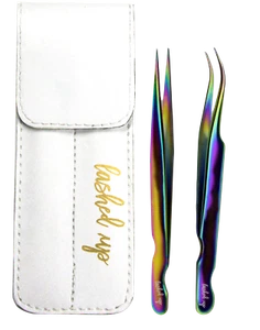 Straight and Curved Tweezers Set 12cm Rainbow Colour With White Pouch  - Picture 1 of 3