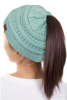 C.C Эксклюзивный Beanie хвост Ponytail грязный булочка твердый ребристый вязаный Beanie Hat Cap - Изображение 1 из 4