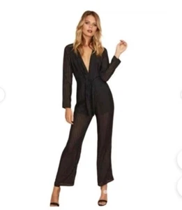 MinkPink Womens Jumpsuit Deep V Sheer Overlay Long Sleeve Black Sz L Runs Small - Picture 1 of 8