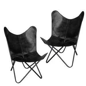 2 Handmade Buffalo Leather Butterfly Relax Arm Chair Folding Sleeper Seat Black - Picture 1 of 12