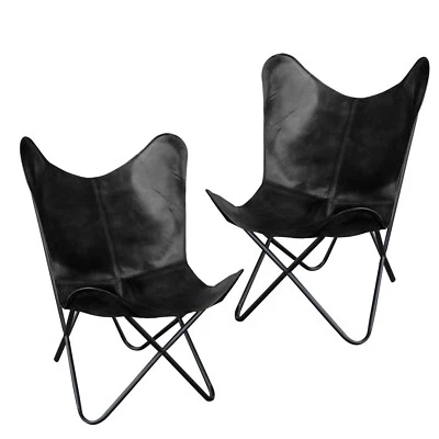 2pcs Black Buffalo Leather Butterfly Chair Folding Comfortable Relaxing Armchair - Image 1 of 4