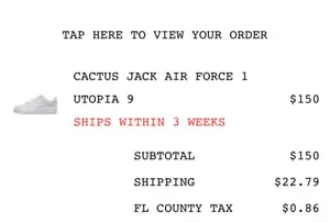 New Nike Cactus Jack Travis Scott Utopia Air Force 1 Sz 9 Confirmed Order - Picture 1 of 1