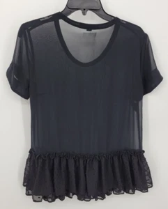 Allsaints Top Womens Small Black Sheer Ruffle Hem Short Sleeve Dressy Blouse - Picture 1 of 10