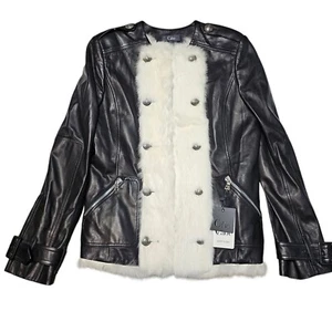 Cabe Women's Black Lamb Leather White Rabbit Fur Moto Style Jacket Size 4 NWT  - Picture 1 of 24