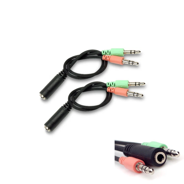 2X AUDIO ADAPTER BLACK CABLE 3.5MM FEMALE PLUG LAPTOP MAC SPEAKER MIC HEADPHONE - Image 1 of 1
